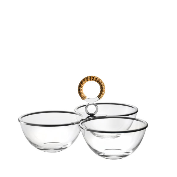 PORTA APERITIVO TRIPLO DE VIDRO VENEZIA JUNCO INOX