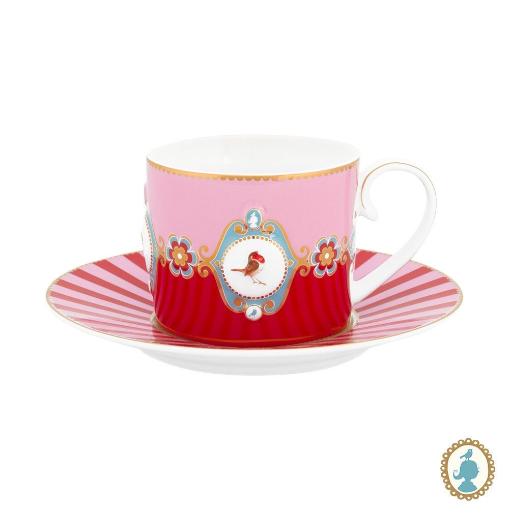 XICARA DE CHA MEDALLION ROSA/VERM LOVE BIRDS